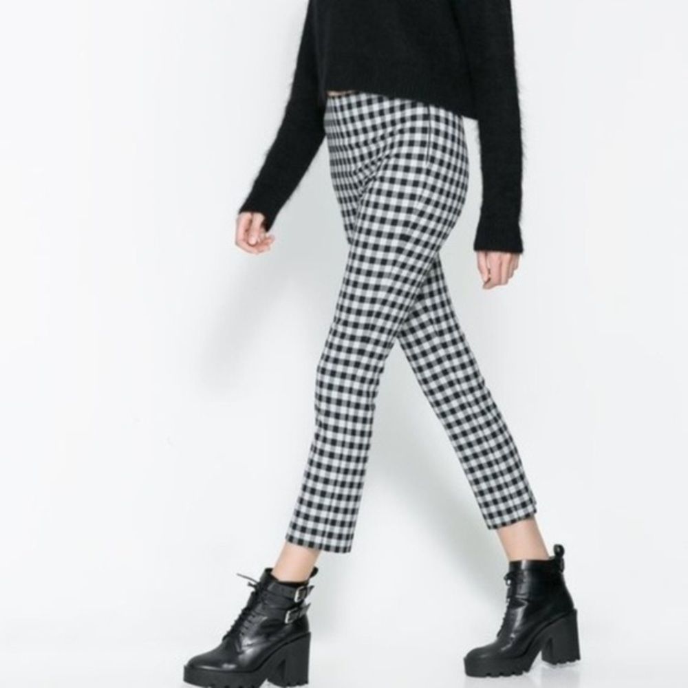 Zara Basics Gingham Pants With Side Zipper